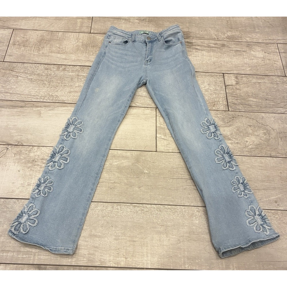 Sky Jeans Flare Denim 3D Frayed Floral Daisy Applique‎ Juniors 11 Boho Festival